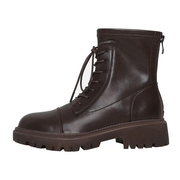 

boots autumn and winter women's cowhide korean style thick-soled short, Black