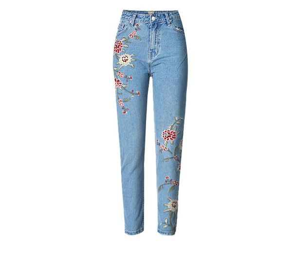 

women's jeans plus size beauty flower embroidery for women high waist slim woman casual ankle denim pencil pants, Blue