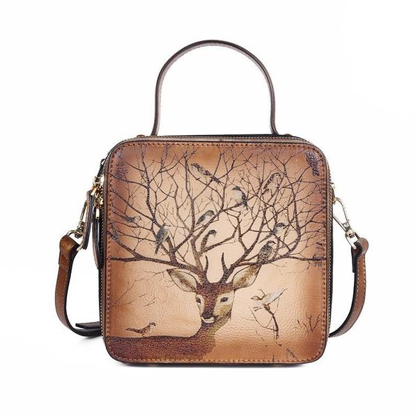 

genuine leather deer bags handbag tote retro high women messenger quality printing flap first cowhide layer shoulder female bag evjhd