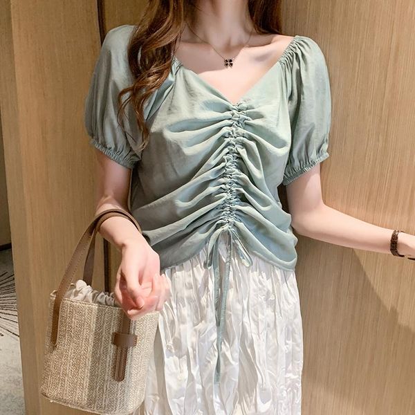 

women's blouses & shirts chikichi 2021 summer korean fashion v-neck drawstring short-sleeved temperament beautiful girl top, White