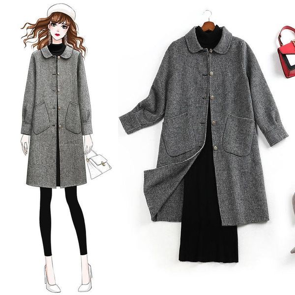 

women's wool & blends plus size coat jacket doll collar woolen 2021 autumn winter fashionable clothes england style plaid elegant fashi, Black
