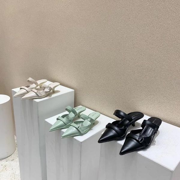 

slippers pointed toe women elegant thin low heels hollow design solid color black/green/beige ladies mules shoes size 35-39
