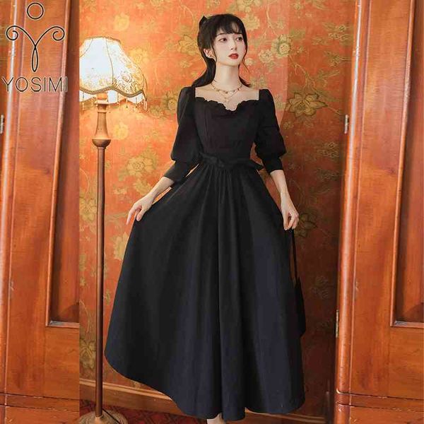 

yosimi black women dress spring a-line asymmetrical neck fit and flare puff sleeve elegant empire birthday for 210604, Black;gray