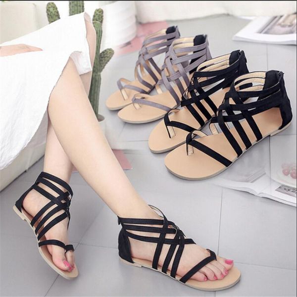

summer women's sandals flip flops gladiator sandals shoes cross slip on flats shoes for women sandalias plus size 34-43 flats, Black