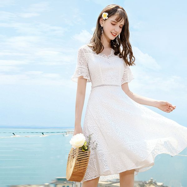 

elegant ruffles cotton white dress women hollow out embroidery fashion dress short high waist summer lace dress vestidos, Black;gray