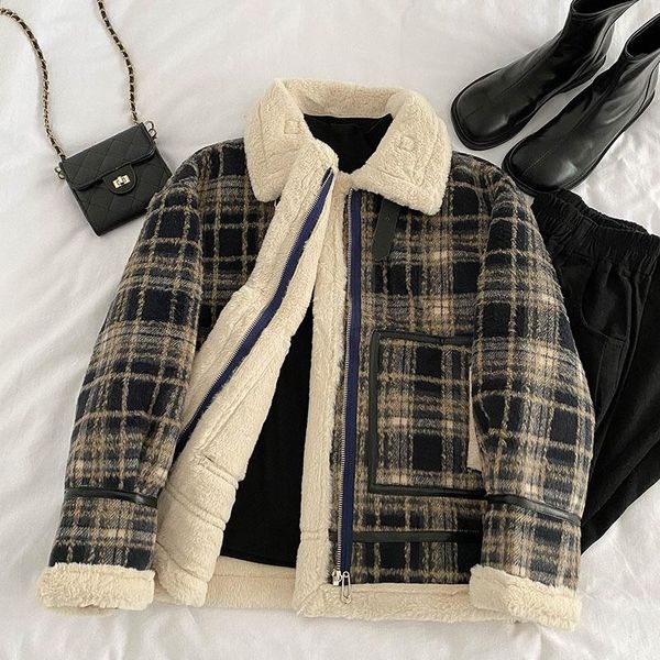 

women's wool & blends jacket plaid woolen coat long-sleeved winter 2021 loose retro design sense stand-up collar tide, Black