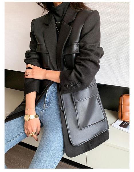

leather small suit jacket women 2021 winter motorcycle suit stitching design sense waist thick woolen cloth fashion trend, Black