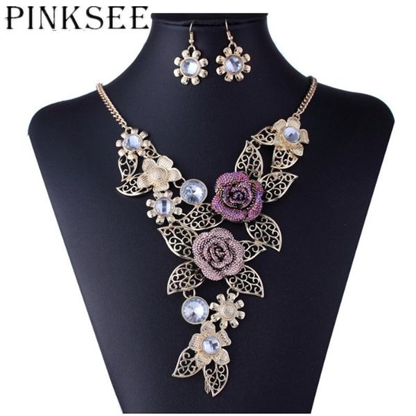 

earrings & necklace pinksee 2021 luxury sweet rhinestone flower classic hollow leaves women girls wedding party jewelry set bijoux, Silver