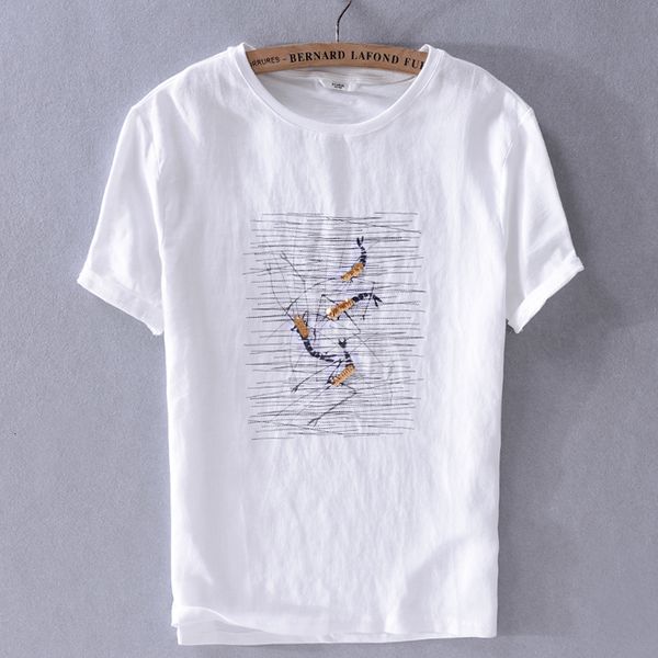 

2021 new summer fashion linen short-sleeved t-shirt mens casual white sequins embroidery trend men t shirt chemise camiseta 0b8k