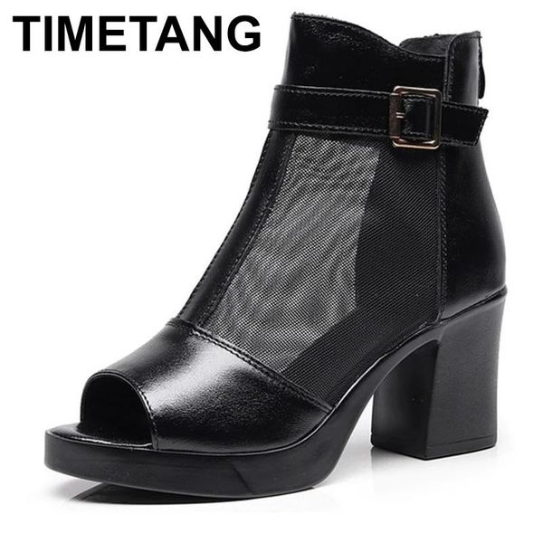 

sandals timetang 2021 leather mesh gauze wedges rome net shoes bud silk boots mom cowhide women's, Black