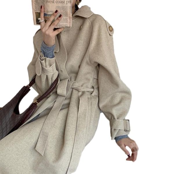 

women's wool & blends retro elegant korean double-breasted cashmere coat women autumn and winter loose long woolen jacket female ns2443, Black