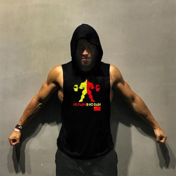

casual brand hooded bodybuilding man clothes wear mens tank workout fitness clothing sports vest sleeveless shirt, White;black