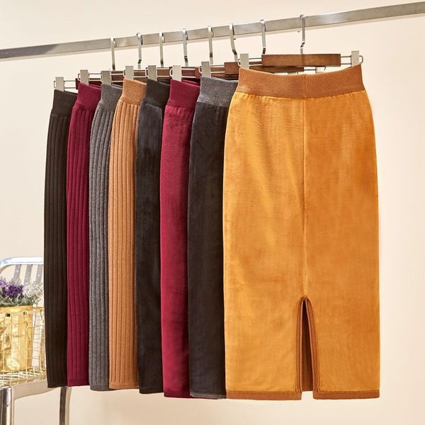 

2021 women warm winter plus veet thicken long woolen elastic waist pencil woman office skirt jupe vintage femme autumn hf24, Black