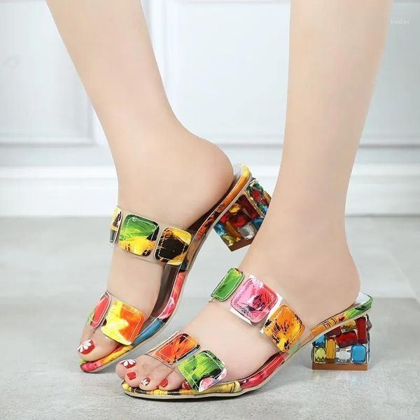 

slippers colorful sewing hollow out square heel fashion rhinestone peep-toe slide summer non-slip comfortable women sandals1, Black