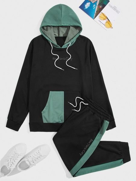 

romwe guys letter colorblock drawstring hoodie & sweatpants j7fx#, Gray
