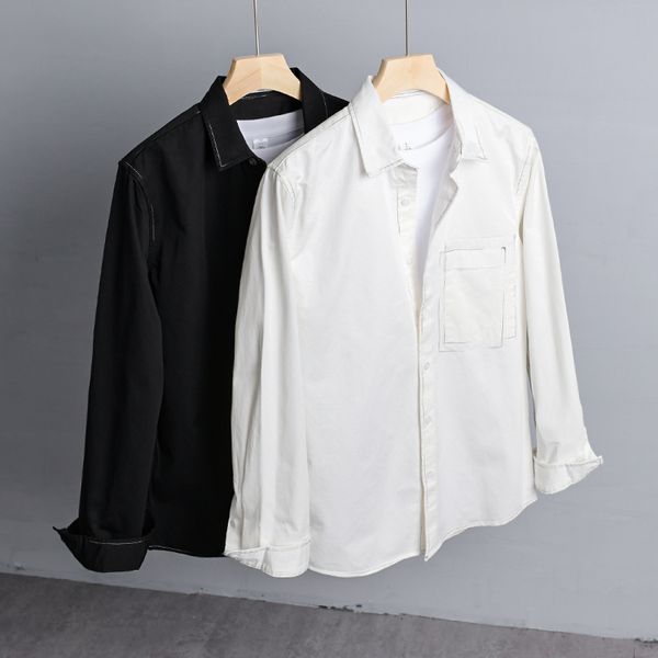 

2021 new style long-sleeved brand fashion white shirts for men pure cotton retro shirt mens comfortable chemise camisa qsg7, White;black