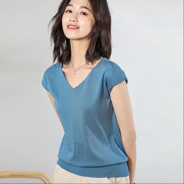 

2021 summer new double v neck ice silk sweater womens short sleeved thin section bottoming shirt temperament slim pullover top, White;black