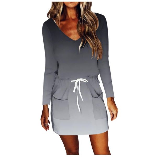 

casual dresses women gradient autumn dress loose v-neck long sleeve pocket mini vestido robe vestidos sukienki elbise, Black;gray