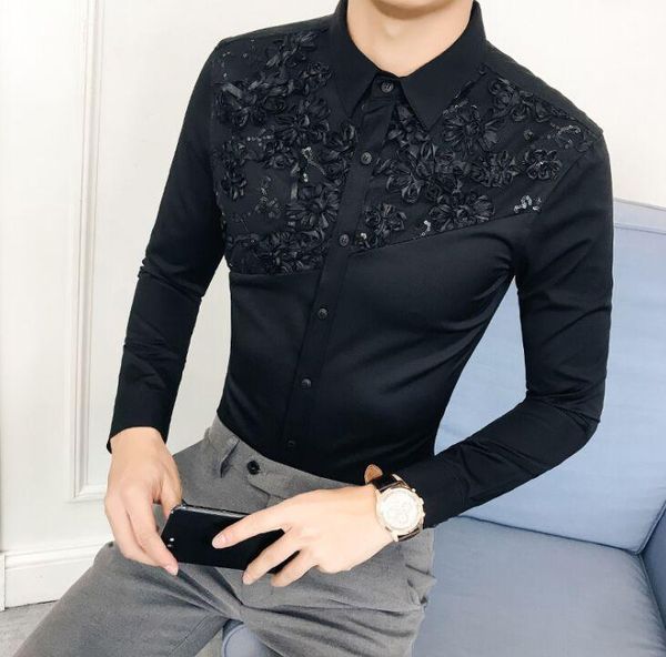 

men's casual shirts metrosexual personality slim clothing male fashion chest lace long sleeved boy nightclub -3xl, White;black
