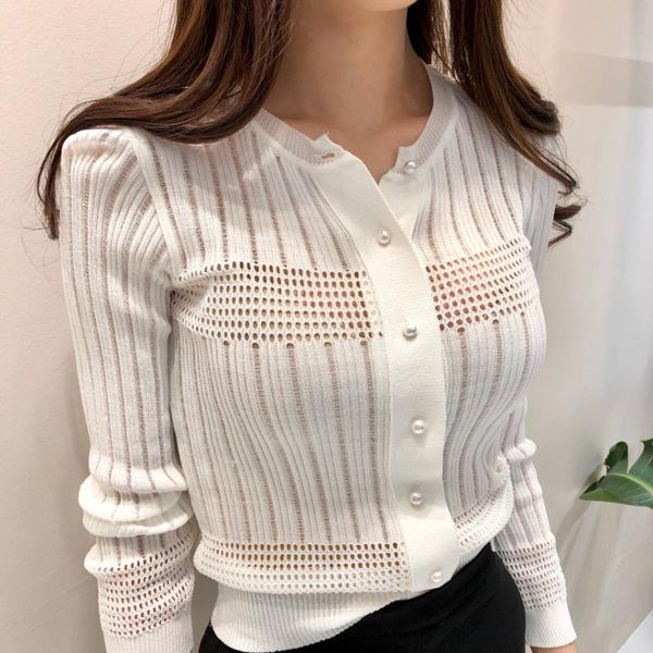

women's knits & tees korean thin knitted single-breasted cardigans sweaters women long sleeve o-neck pearl buttons hollow elegant fashi, White