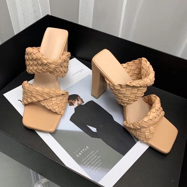 

fashion women sandals slippers thick square high heels weave design double band slip on party pumps summer mules size 35-39, Black