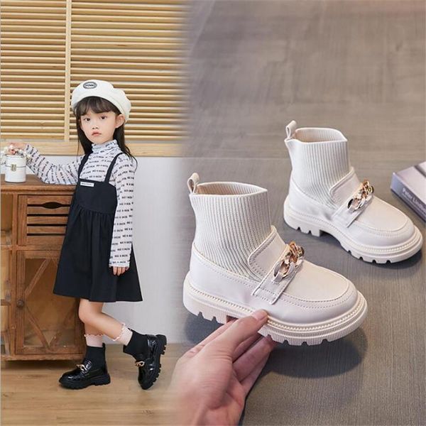 

boots metal chain girls boys fashion pu leather knitting patchwork slip on kids socks shoes anti british style boot 26-36, Black;grey