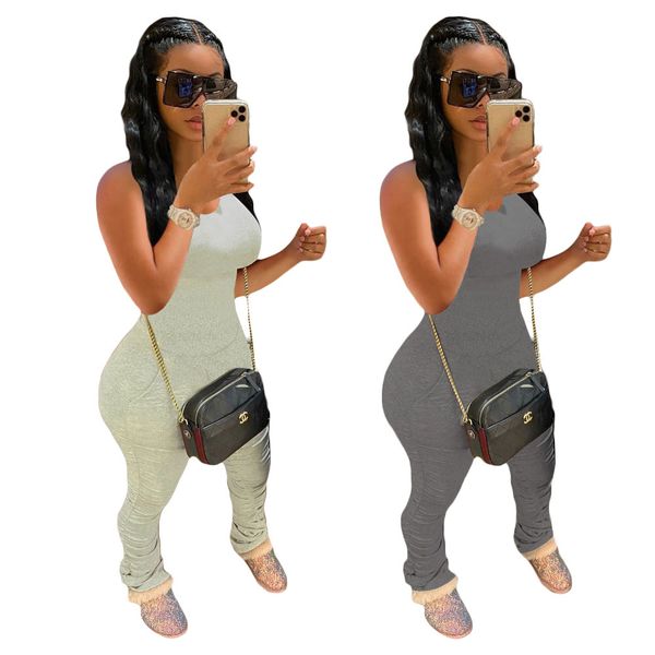 

2021 new women solid color sleeveless round neck folding jumpsuit simple style summer european & american fashion rompers bodysuit qpjh, Gray