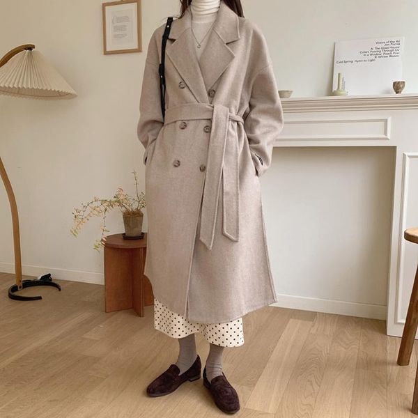 

women's wool & blends 2021 autumn real coats women fashion double breasted coat vintage black long jacket abrigos mujer invierno gmm199