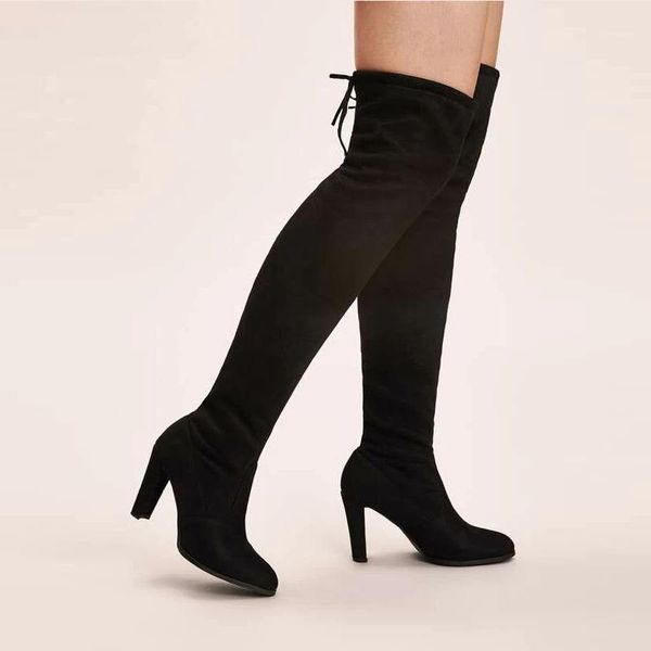 

boots 2021 women over the knee high heels fabric flock leather winter shoes tie back chunky plus big size 401, Black