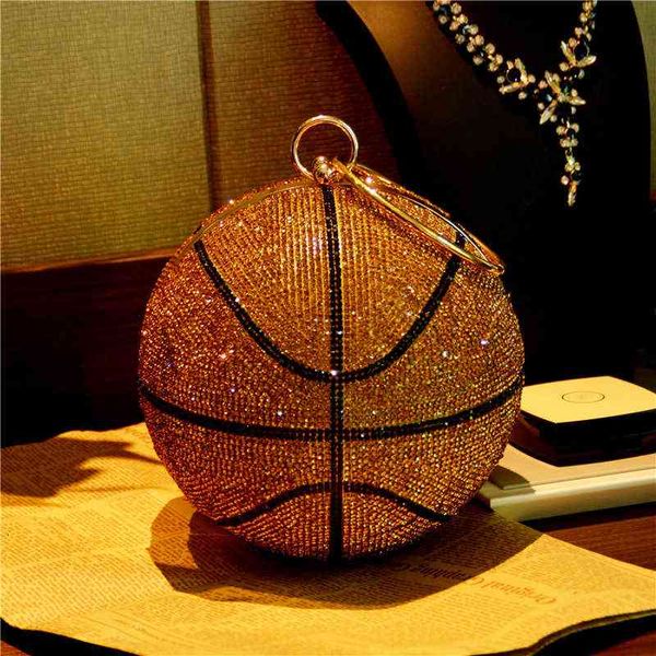 

women basketball round ball gold clutch purses for women evening rhinestone handbags ladies party dinner bag