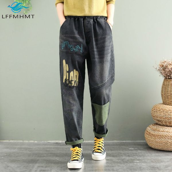 

2021 women new fashion korean style vintage denim pant letter embroidery patchwork office lady casual retro trouser xu15, Blue