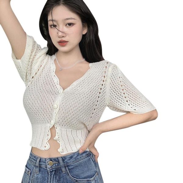 

women's t-shirt v-neck hollow out button tshirt female short section exposed navel knitted sleeved clothes, White