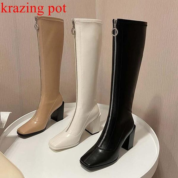 

boots vichelo microfiber leather square toe keep warm big size thick high heels front zipper equestrian stretch thigh, Black