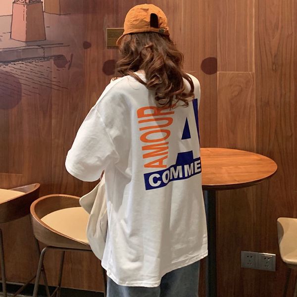 

harajuku 2021 new oversize loose long t-shirts of women will see sleeve short letter printed shirt schoolgirl streetwear clothes rbdw, White