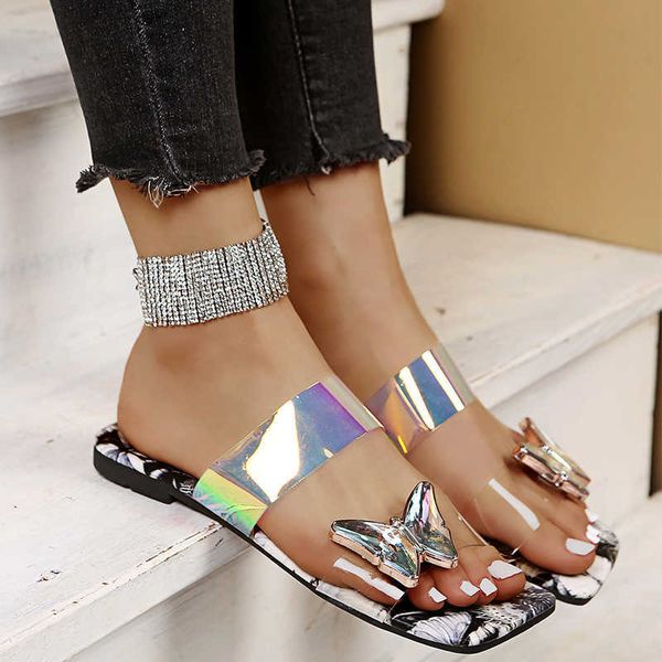 Mulheres 2021 Chinelos de Cristal de Verão Mulher Transparente Flats Ladies Casual Print Slides Feminino Conforto Beach Shoes Plus Size Y0731