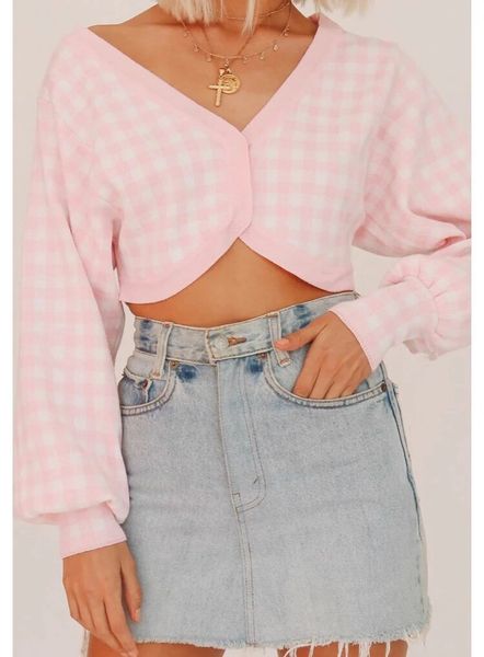 

chic french knitting check plaid crop cardigan sweater retro woman v neck long lantern sleeve gingham jumper short knitwear, White;black