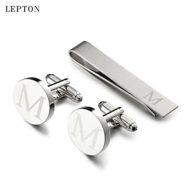 Cufflinks redondos para Letras de cor de prata Ens de Alfabeto Cuff Links Gravata Clipe Definido Homens Camisa Botão Cuffs Botão