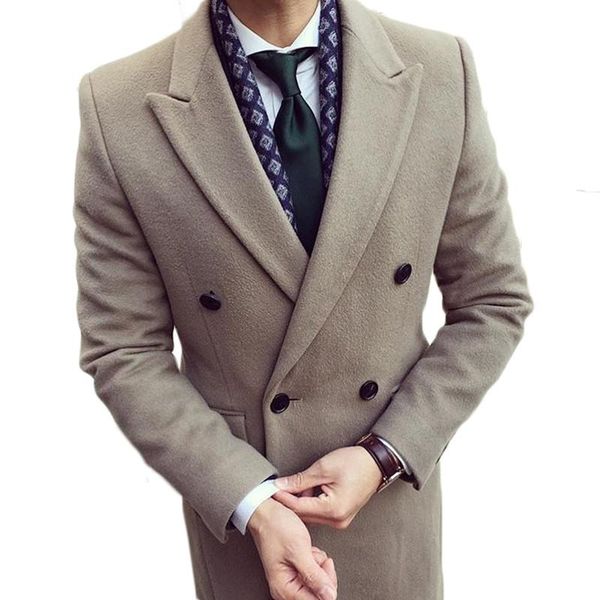 

men's wool & blends england style woolen overcoat thick plus solid double-breasted v-sleeve long coat casual winter fashion handsome ja, Black