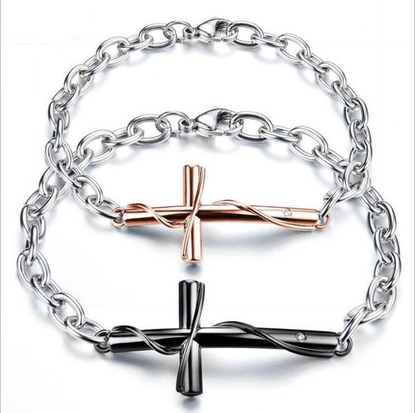 

cuff cross wrapped titanium steel plated rose gold simple couple bracelet, White