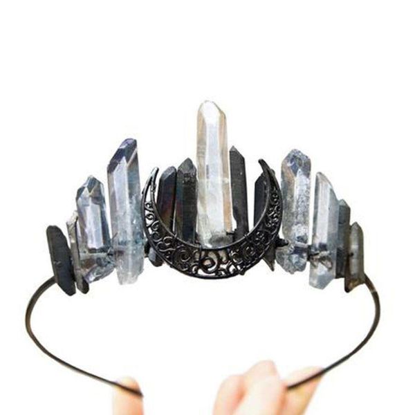 

hair clips & barrettes handmade faux raw crystal headband contrast color quartz black moon bridal tiara crown halloween angel aura hoop, Golden;silver