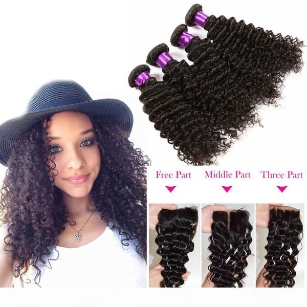 

brazilian deep wave virgin hair 4x4 lace closure with 4 bundles unprocessed human hair extensions natural color ing, Black;brown