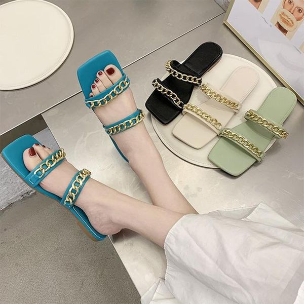 

slippers women iron chain fashion slip on square toe ladies pu leather sandals female beach summer shoes woman footwear 2021, Black