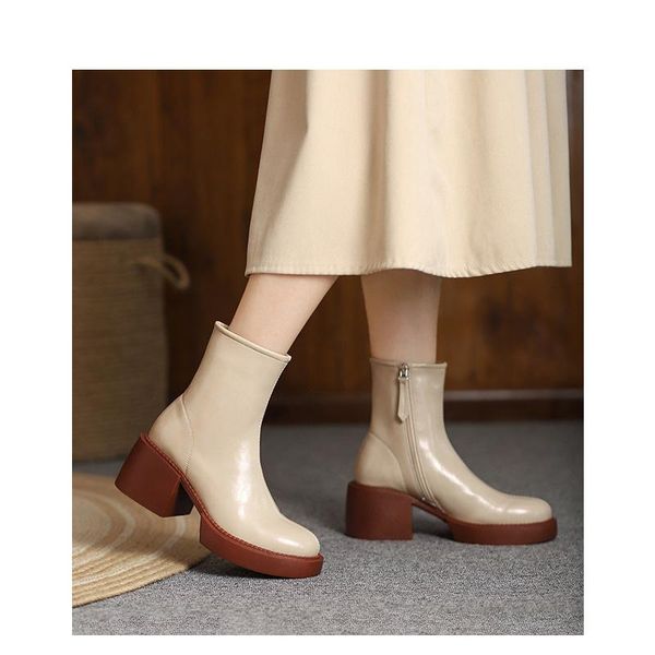 

boots 2021 all-match thick heel short women british style stretch, Black