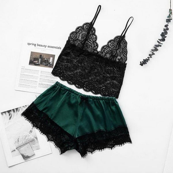 

2021 lace women pajamas thin section lingerie blackless fashion pyjamas v-neck camisole shorts set clothes nightwear, Black;red