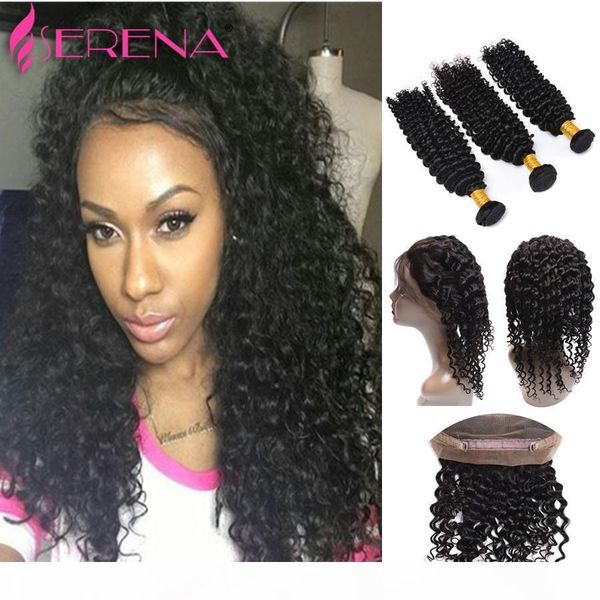 

pre plucked 360 lace frontal closure with bundles 7a brazilian virgin hair with closure deep wave curly lace frontal weave, Black;brown