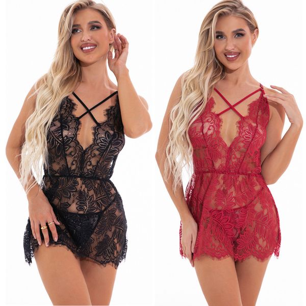 

2021 underwear lace eyelash suspender perspective nightdrs 4060, Red;black