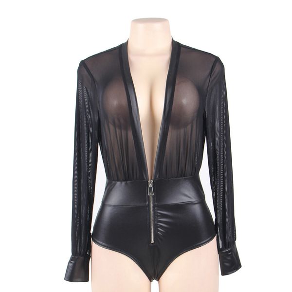 

deep v-neck sexyy teddy lingerie plus size body suits for women long sleeve transparent body sexyy erotic lingerie, Red;black