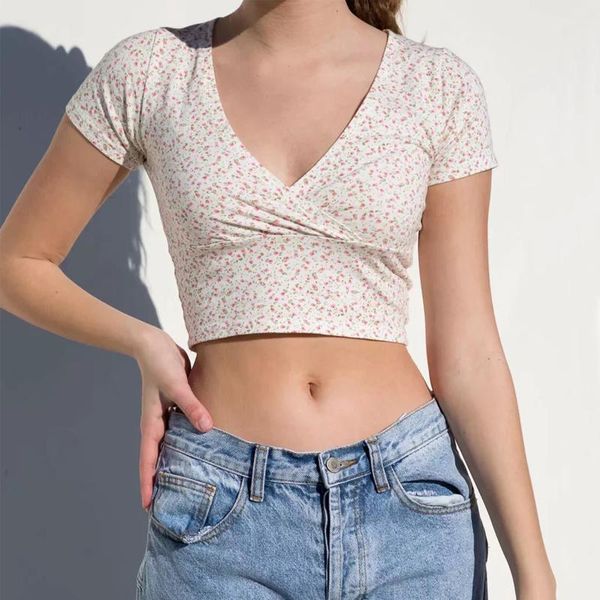 

women's t-shirt women floral print crossover v-neck short sleeved crop cotton blend tee, White
