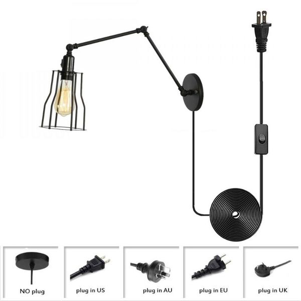 

wall lamp retro semi wire cage sconce plug in cord with switch vintage black metal industrial light antique
