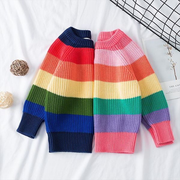 

winter boy girl rainbow sweater pullover kids baby outfit children parent child clothing casual fashion knitting girls t shirt, Blue